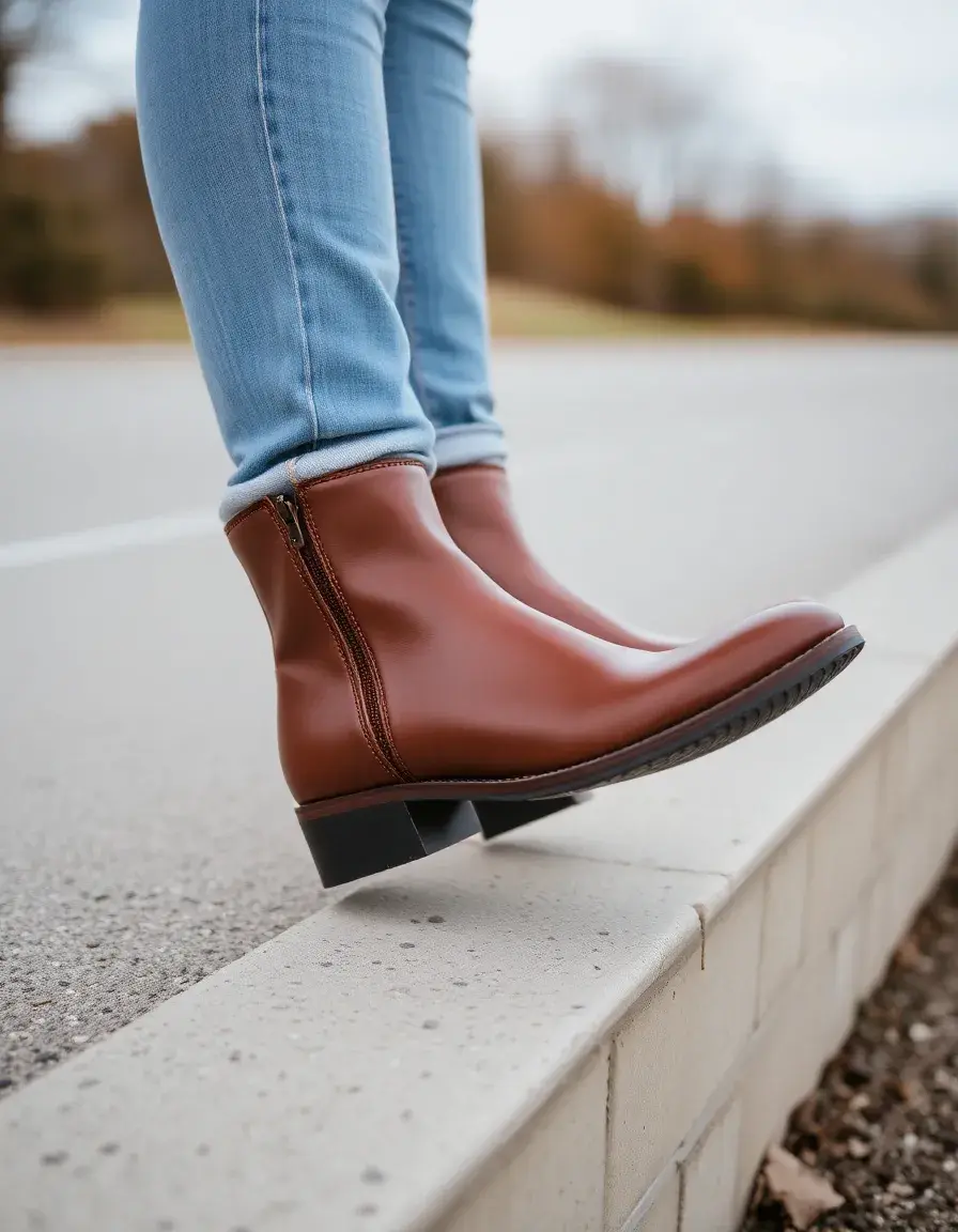 Brown leather ankle boots with elegant stitching