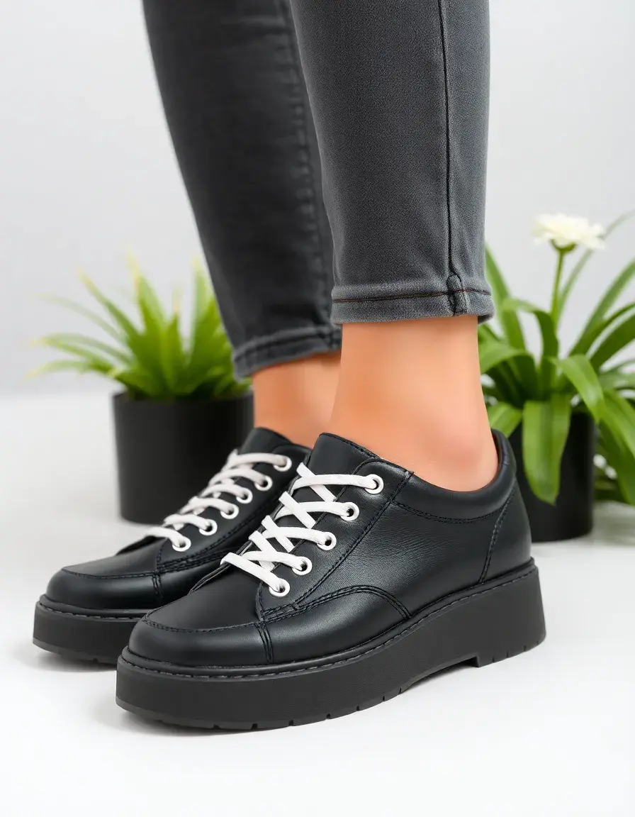 Black casual leather trainers women