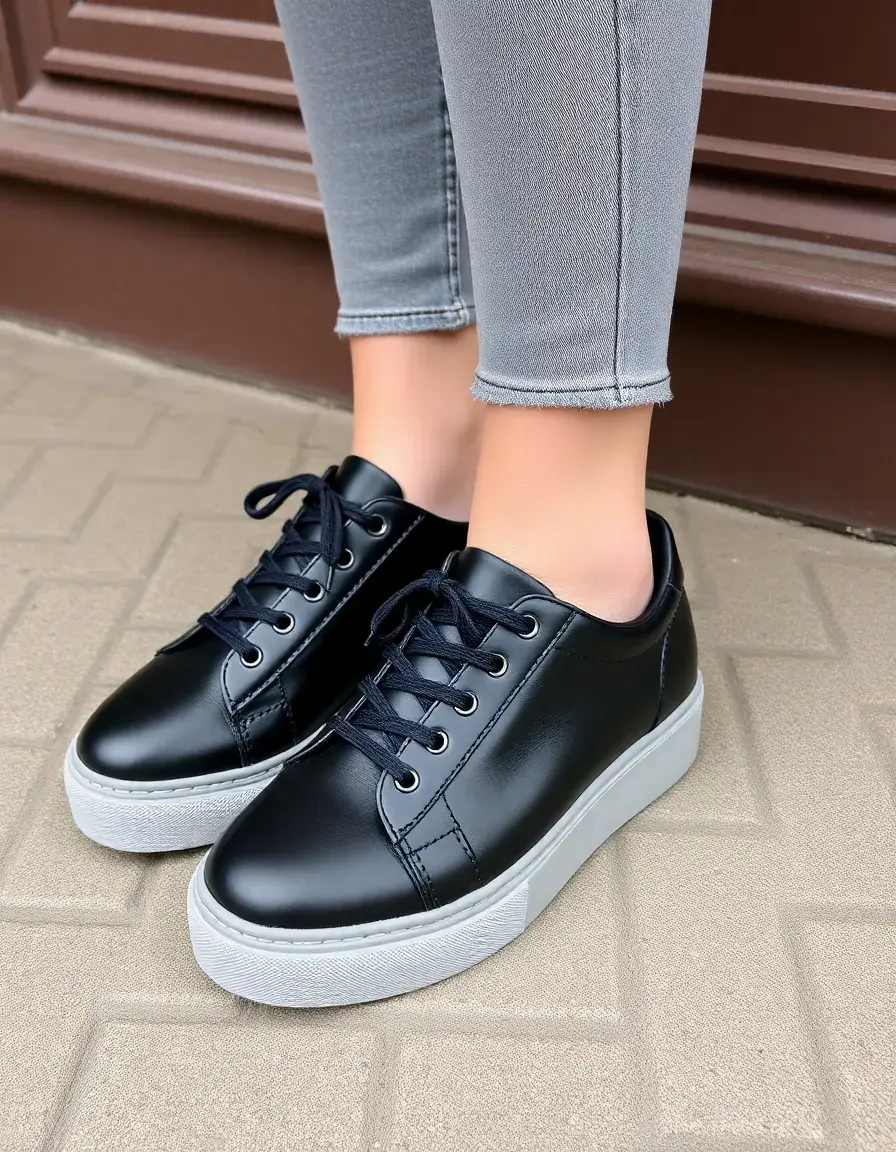 Black fashion leather trainers women