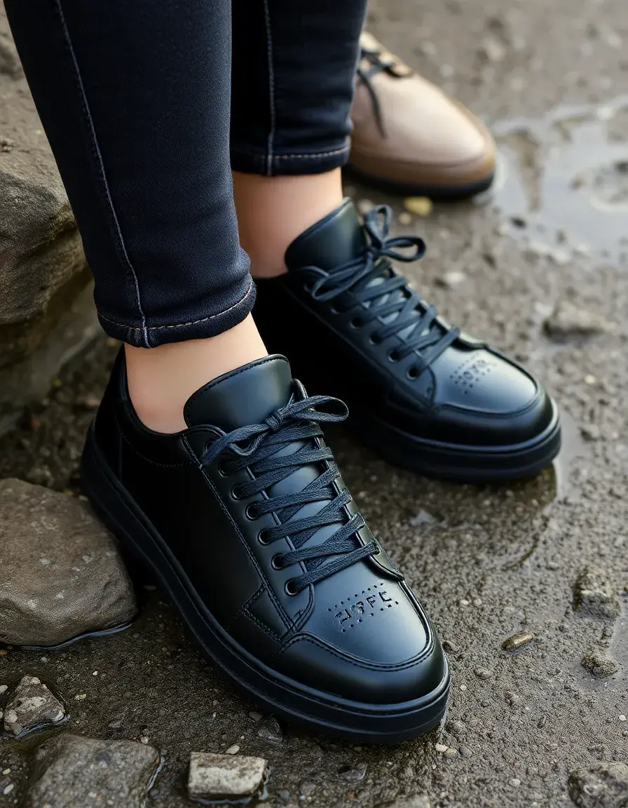 Black waterproof leather trainers women