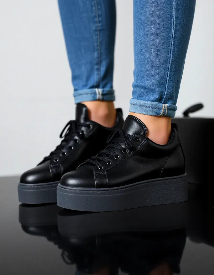 Black platform leather trainers women