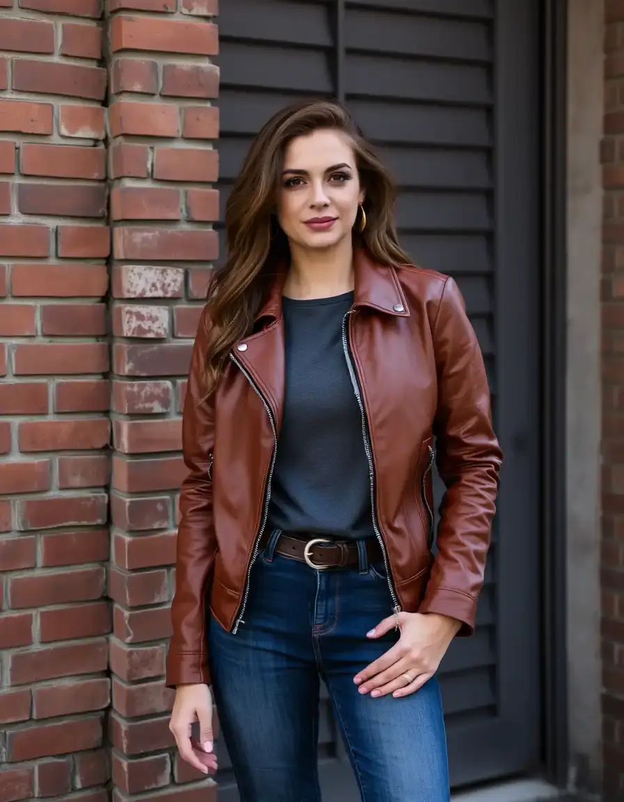 Brown bomber leather jacket for women showing soft texture