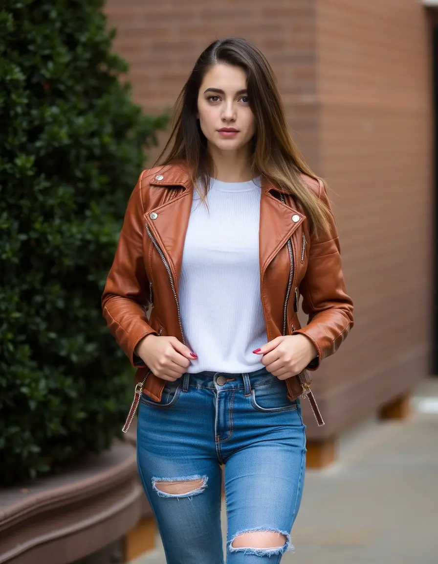 Brown moto leather jacket women with zipper details