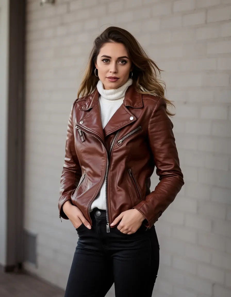 Brown aviator leather jacket women with shearling collar