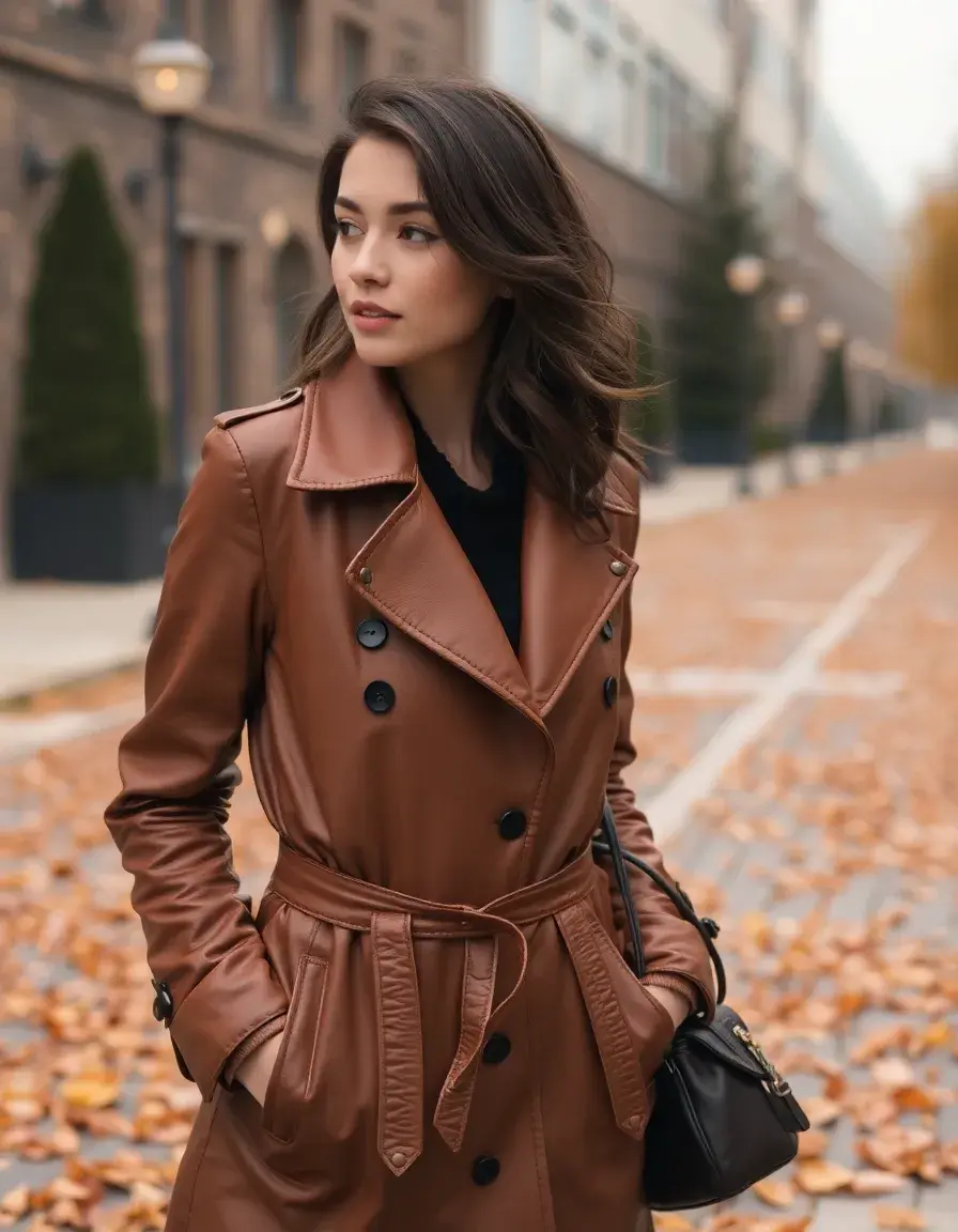 Brown trench leather jacket women longline style