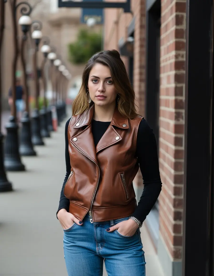 Brown vest leather women layered look