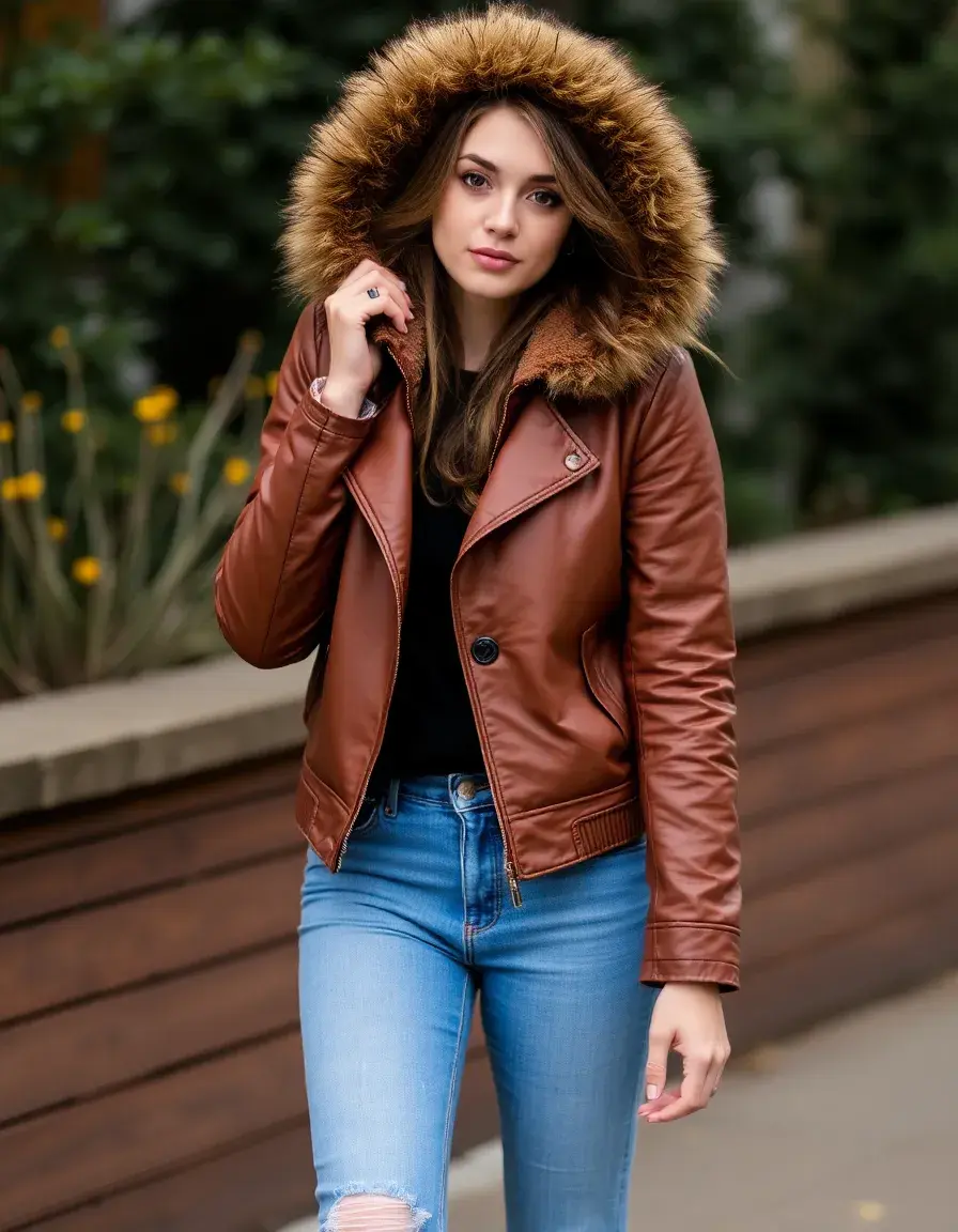 Brown parka leather jacket women with hood