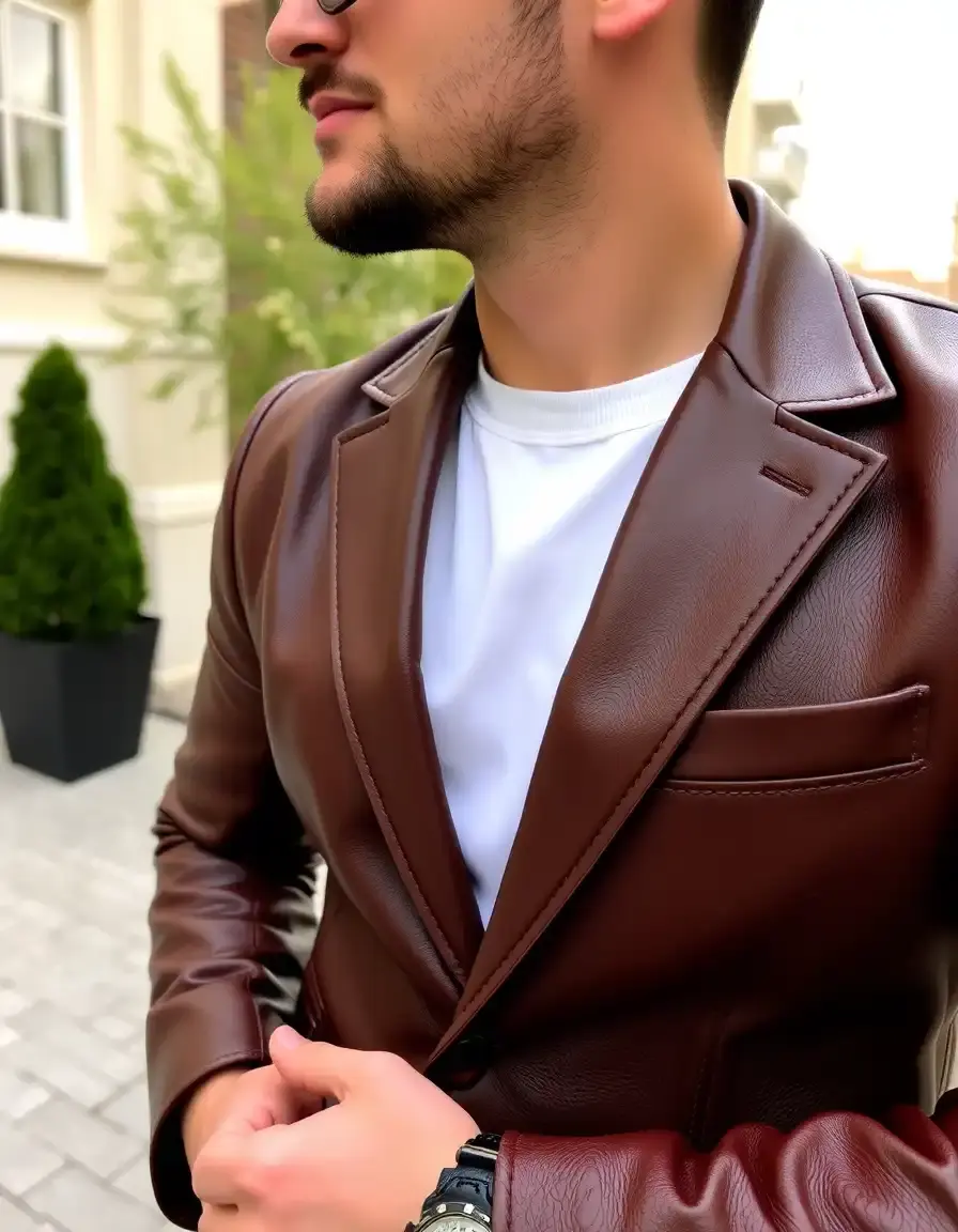 Single button brown leather blazer for men