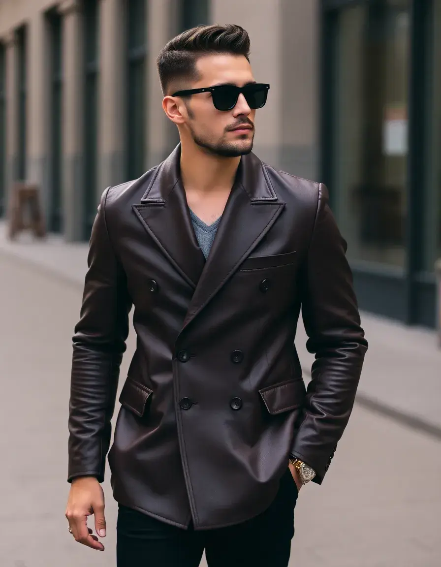 Double breasted brown leather blazer men