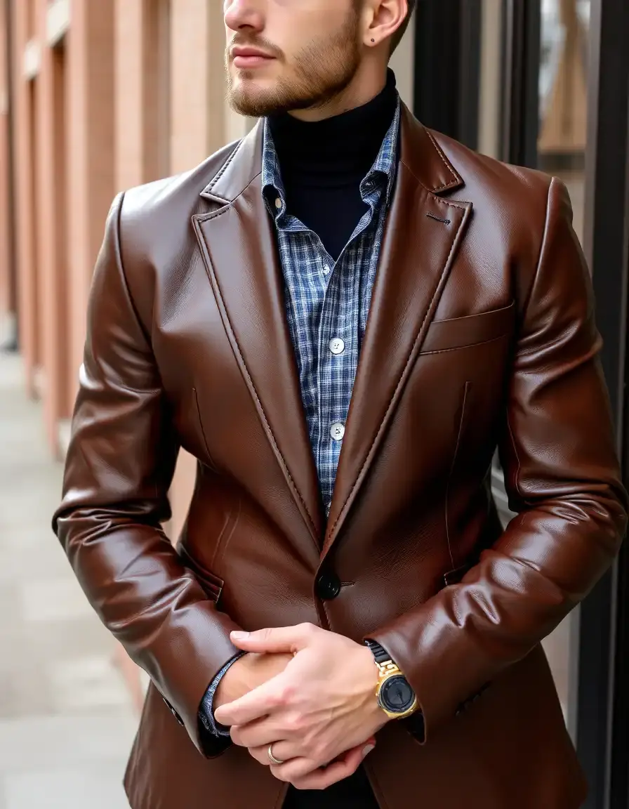 Slim fit brown leather blazer men