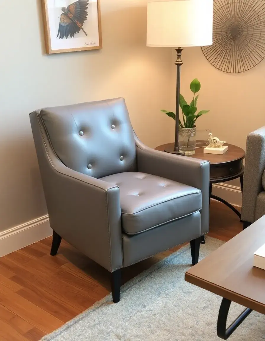 Gray leather accent chair with metal frame