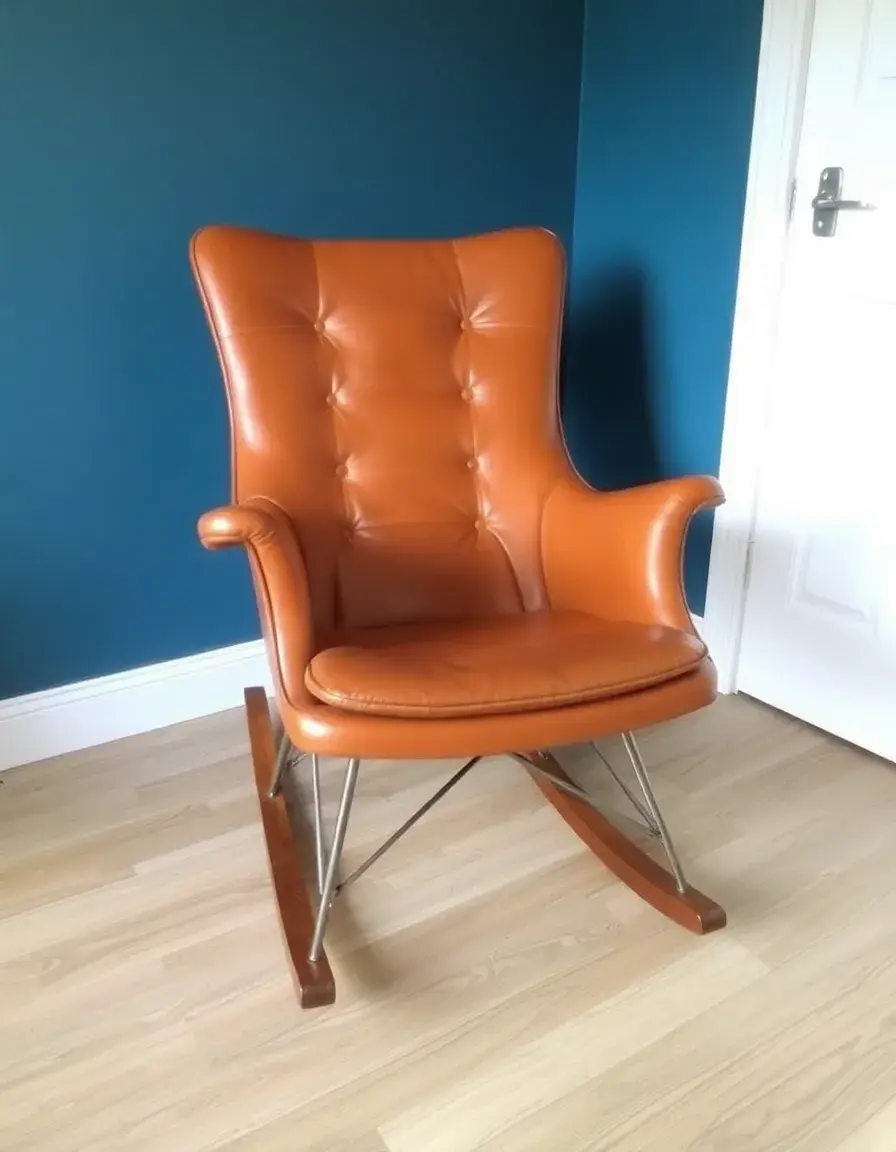 Cognac leather rocking chair with wooden base