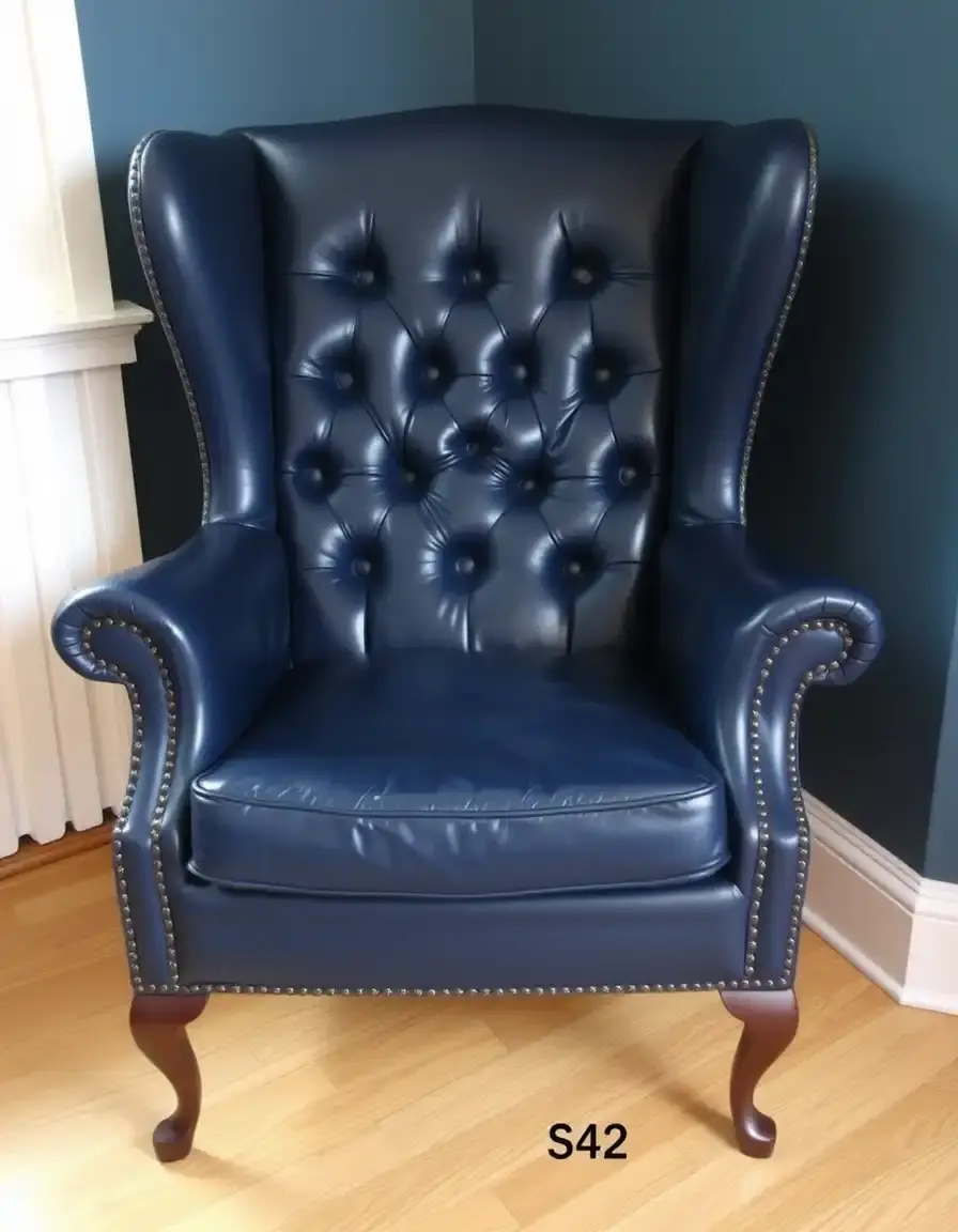 Navy leather wingback chair with button tufting