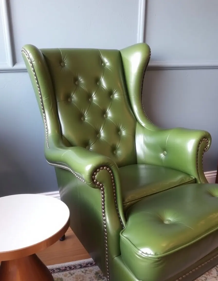 Green leather club chair with rounded arms