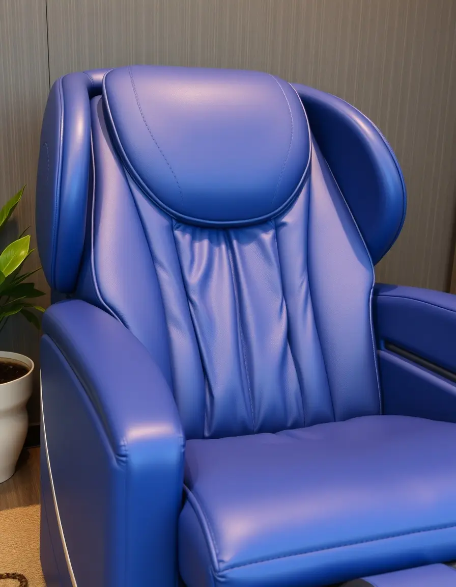 Blue leather massage chair with remote control