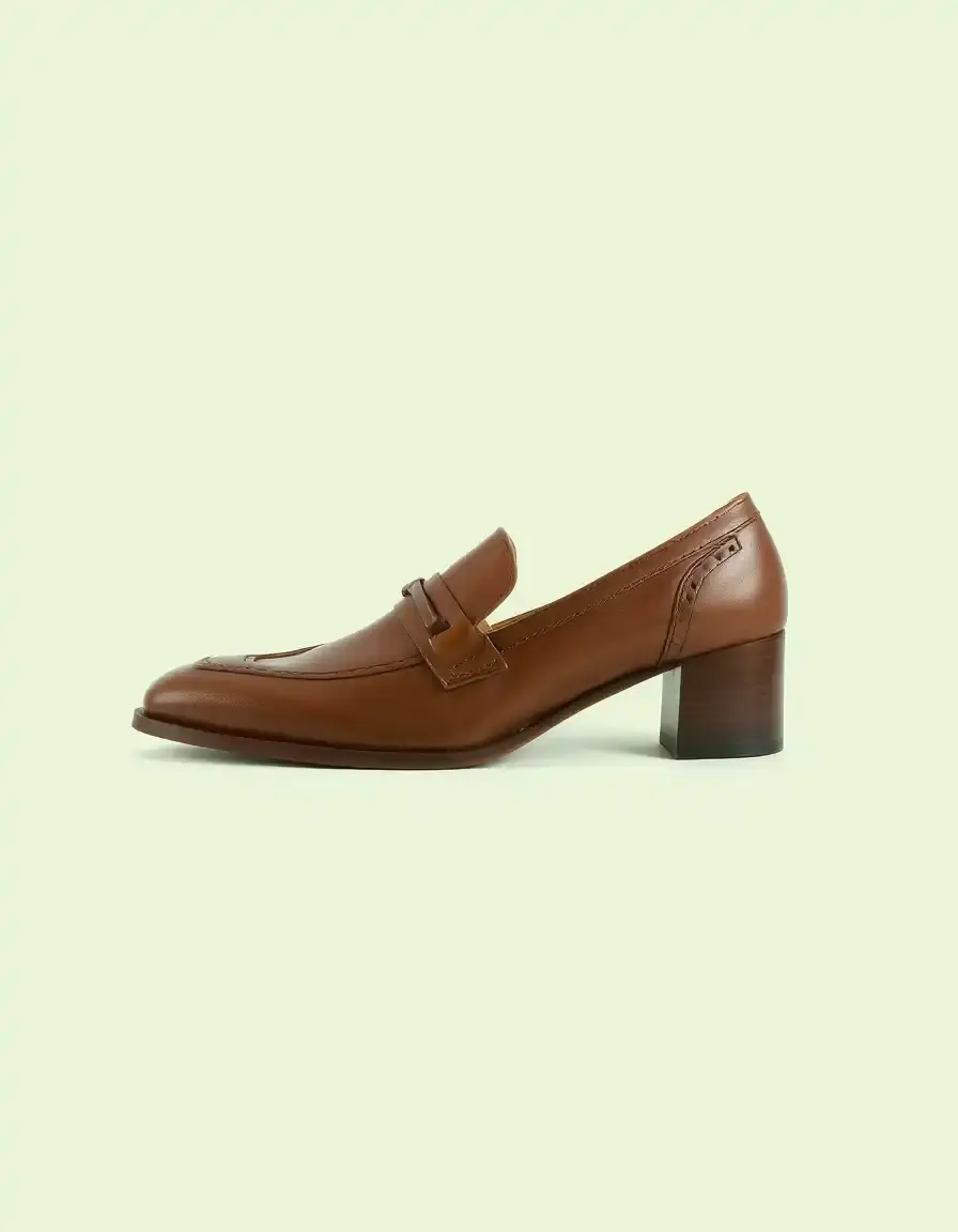 Brown heeled leather loafers women