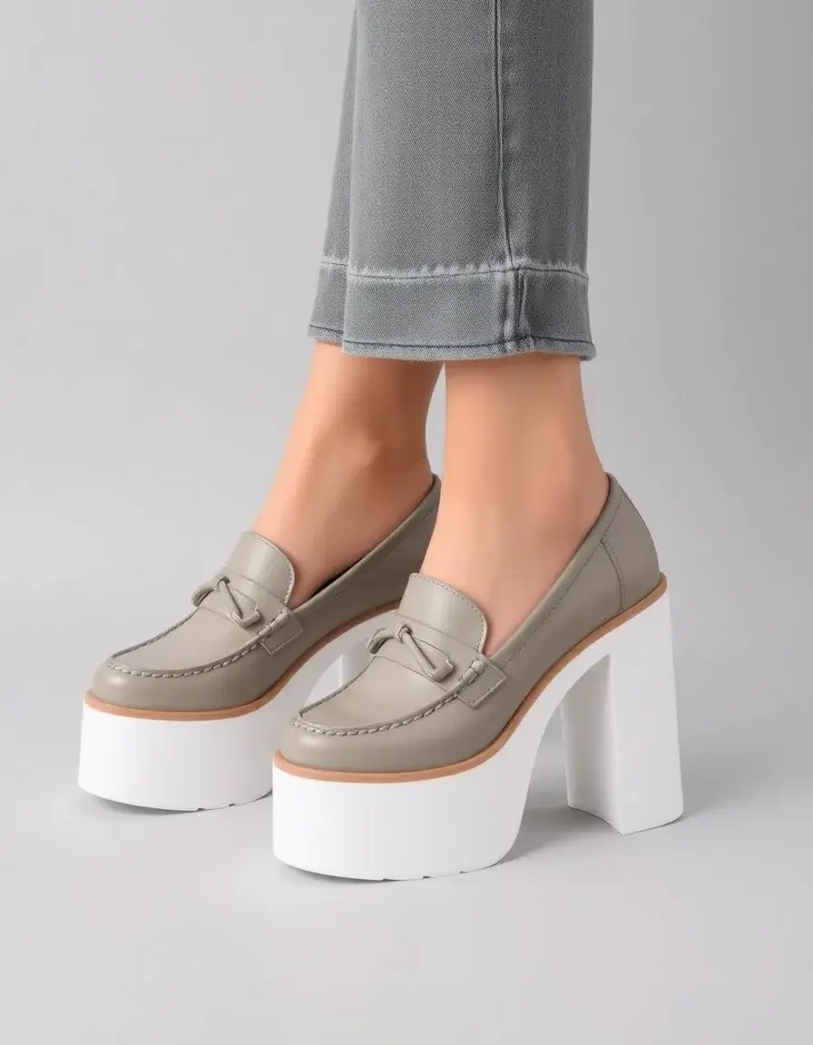 Gray platform leather loafers women