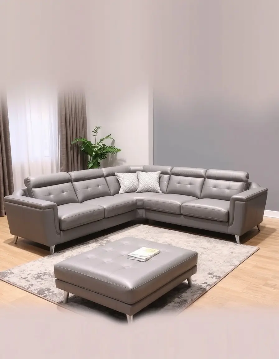 Modern grey leather sectional sofa in a bright living room
