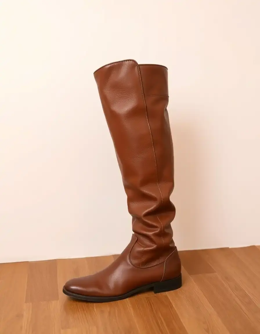 Brown flat knee high leather boots on a white background
