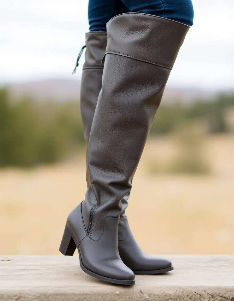 Gray riding knee high leather boots