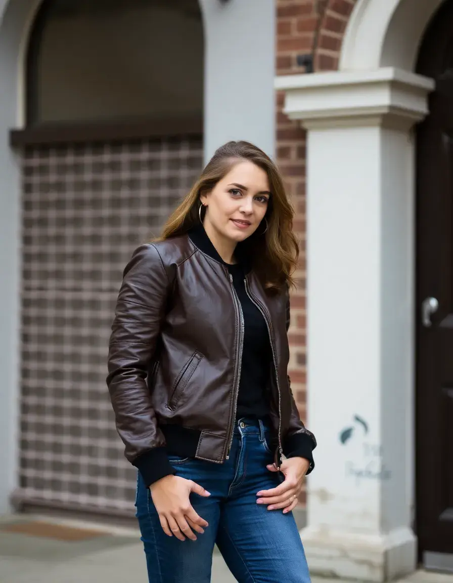 Brown ladies bomber leather jacket with ribbed cuffs