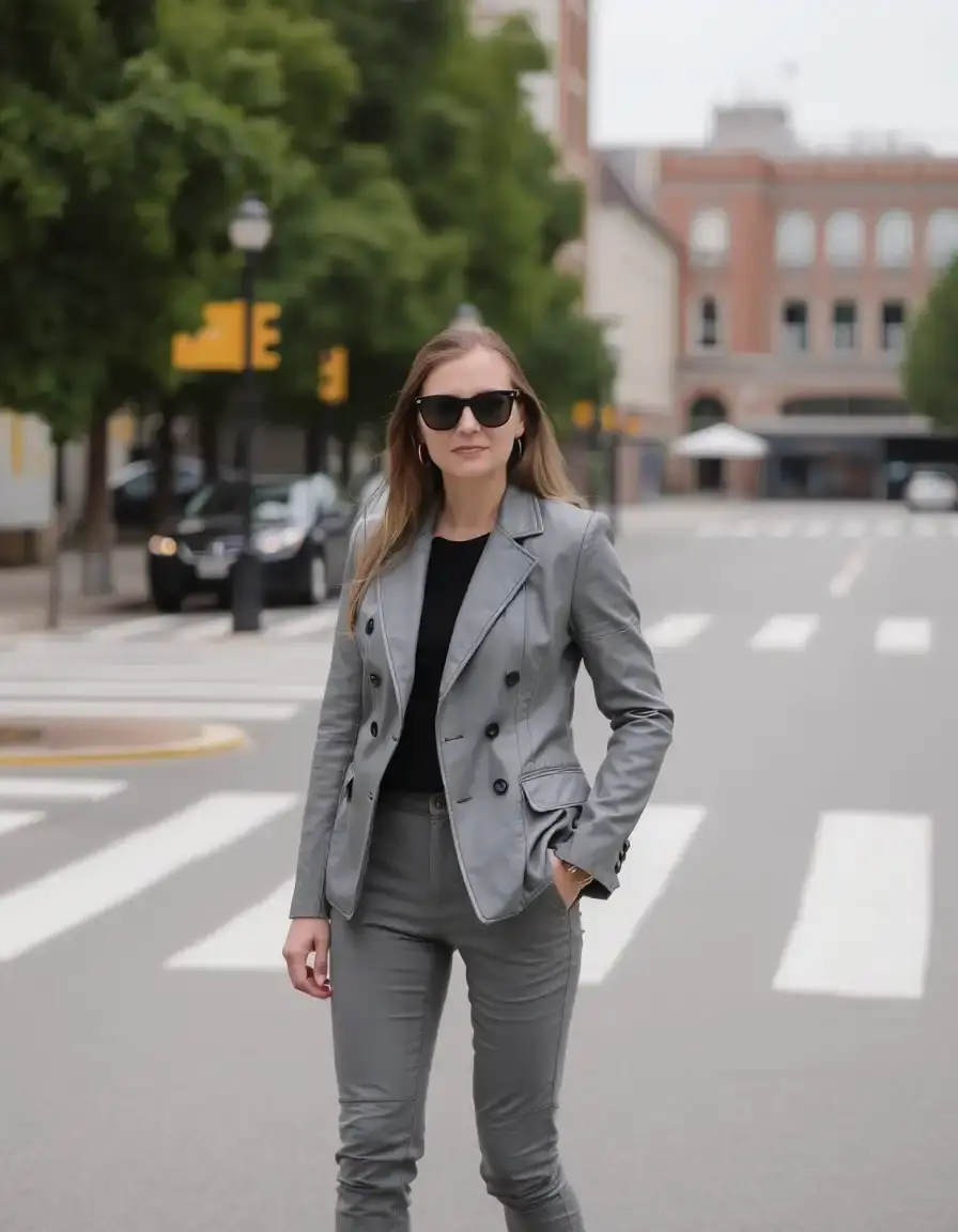 Gray ladies blazer leather jacket