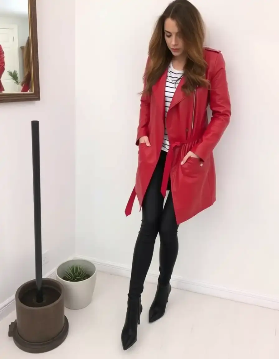 Red ladies trench leather jacket