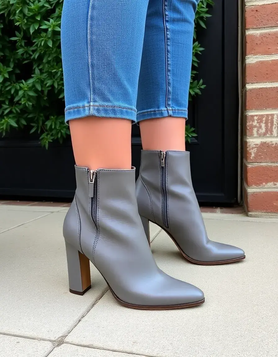Gray heeled leather ankle boots