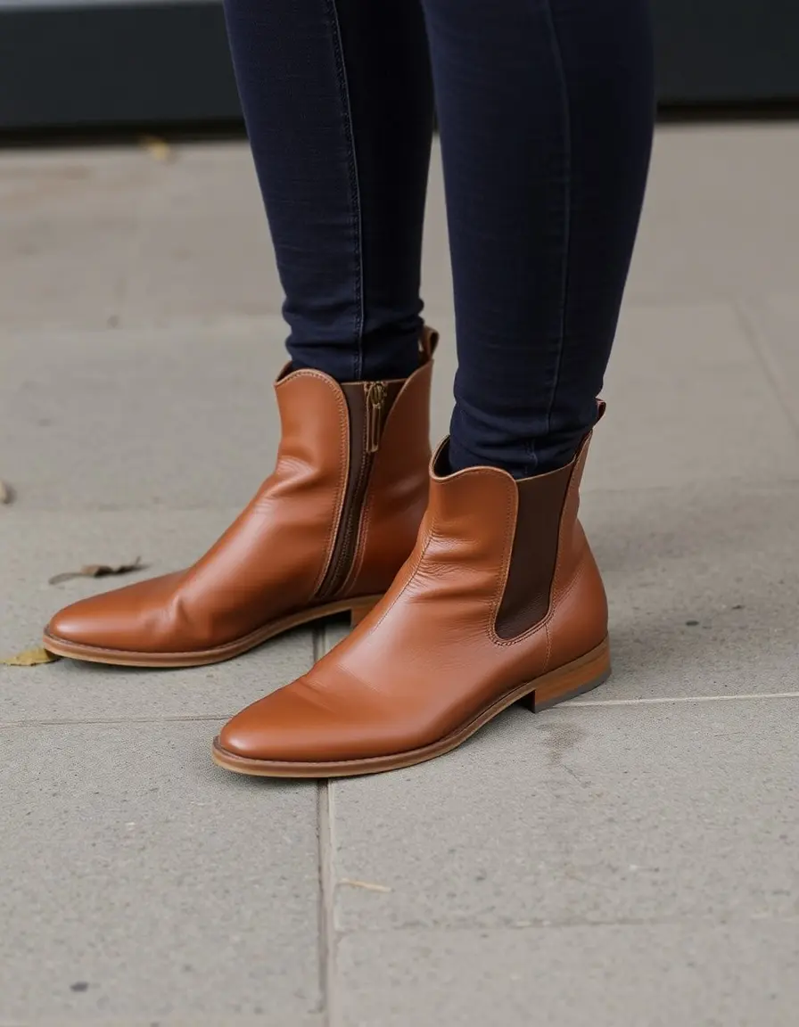 Cognac flat leather ankle boots