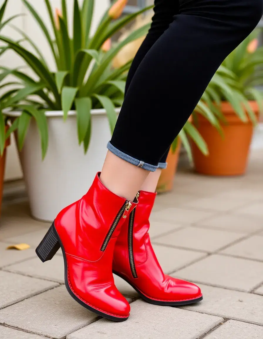 Red zipper leather ankle boots