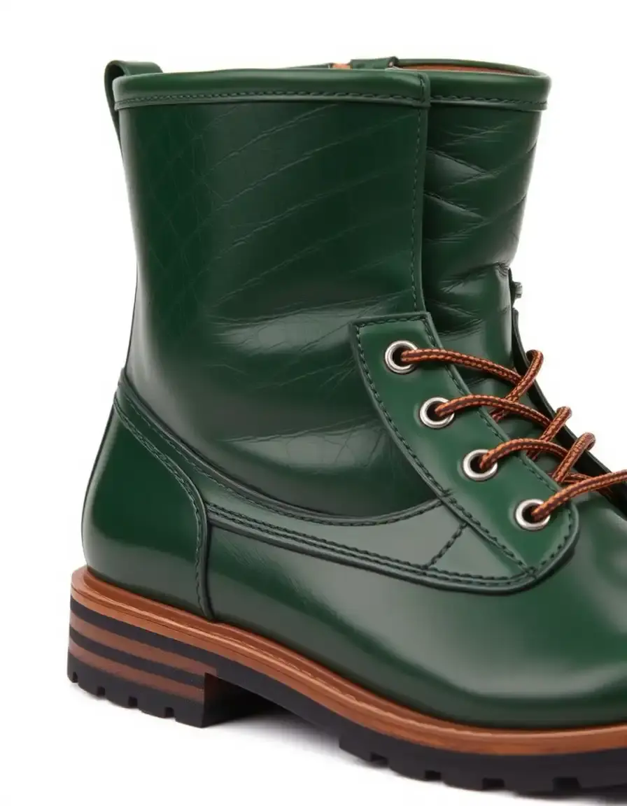 Green waterproof leather ankle boots