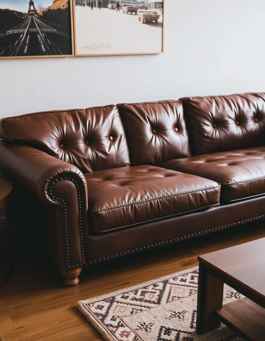 Brown three-seater leather couch in a modern living room