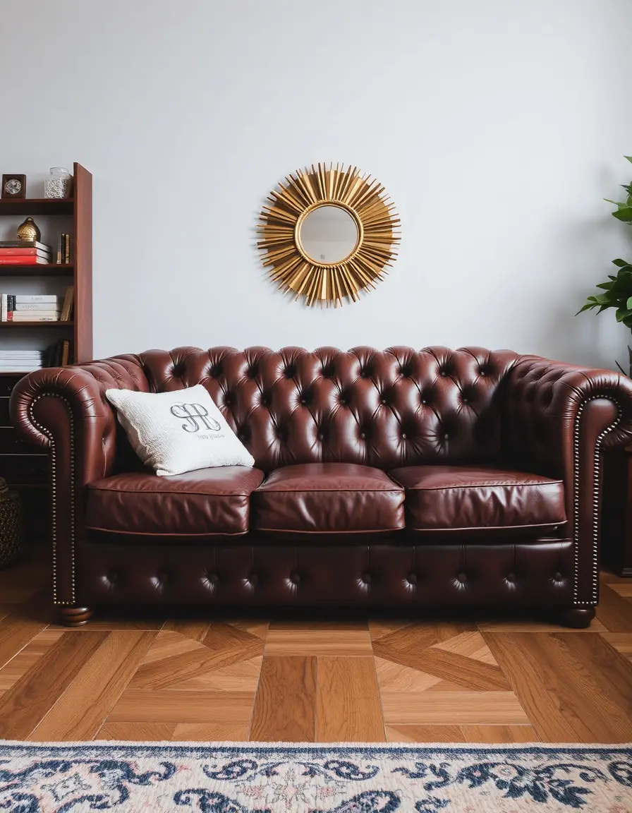 Classic brown Chesterfield leather couch with button tufting