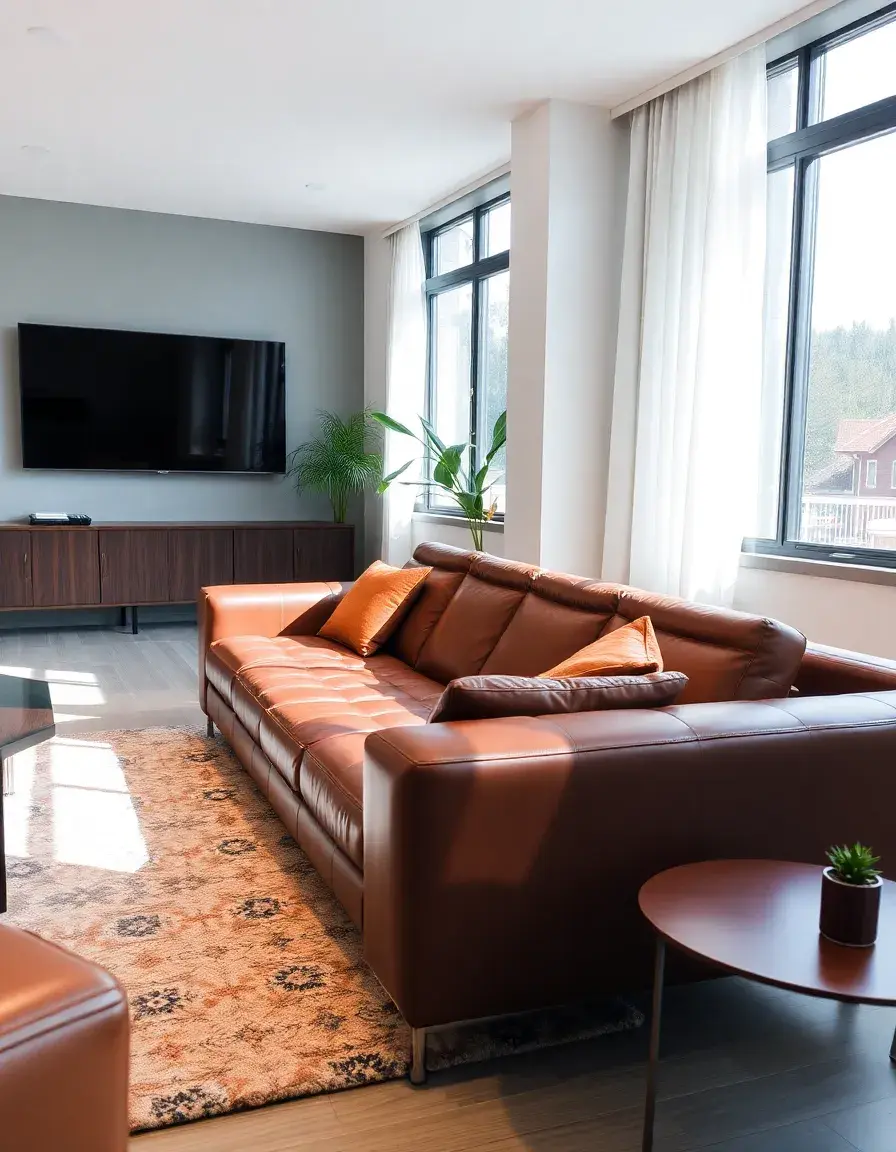 Sleek brown modern leather sofa with wooden legs