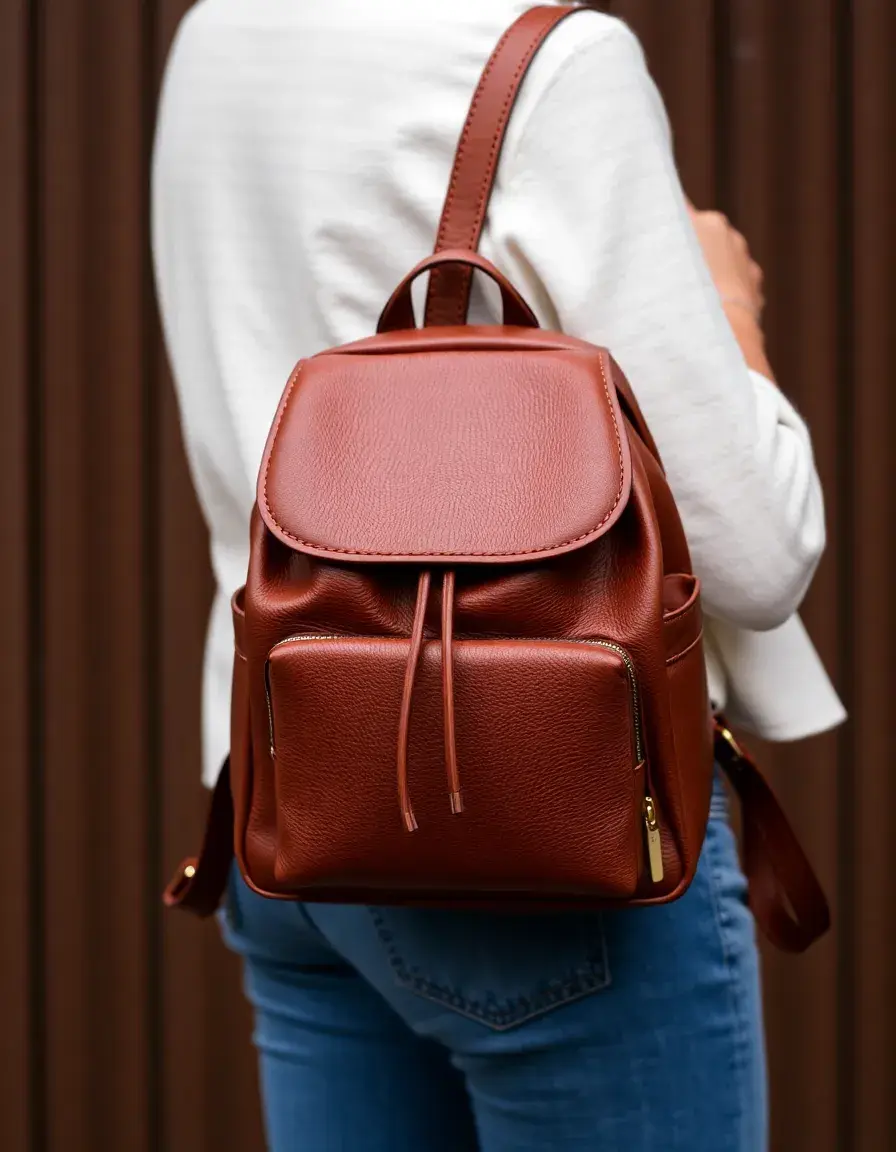 Brown mini leather backpack for women