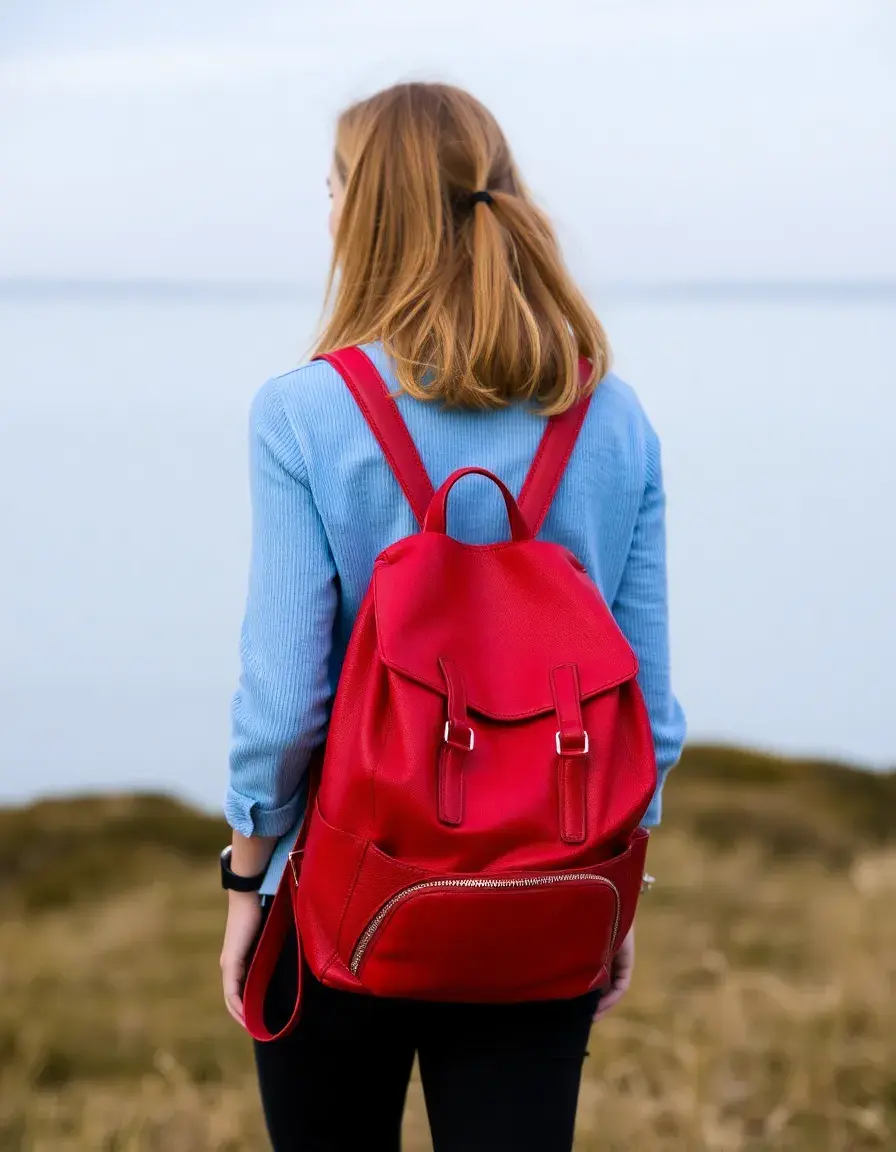 Red waterproof leather backpack women