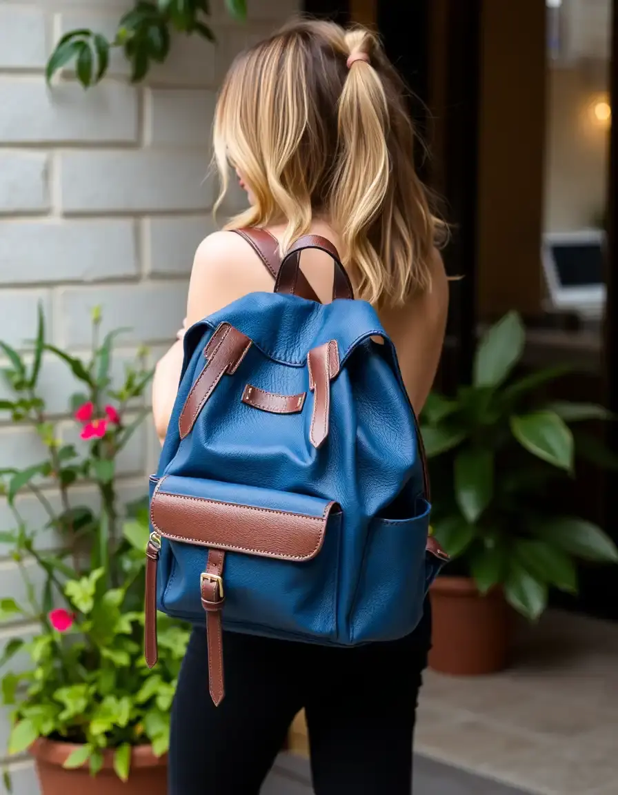 Blue casual leather backpack women