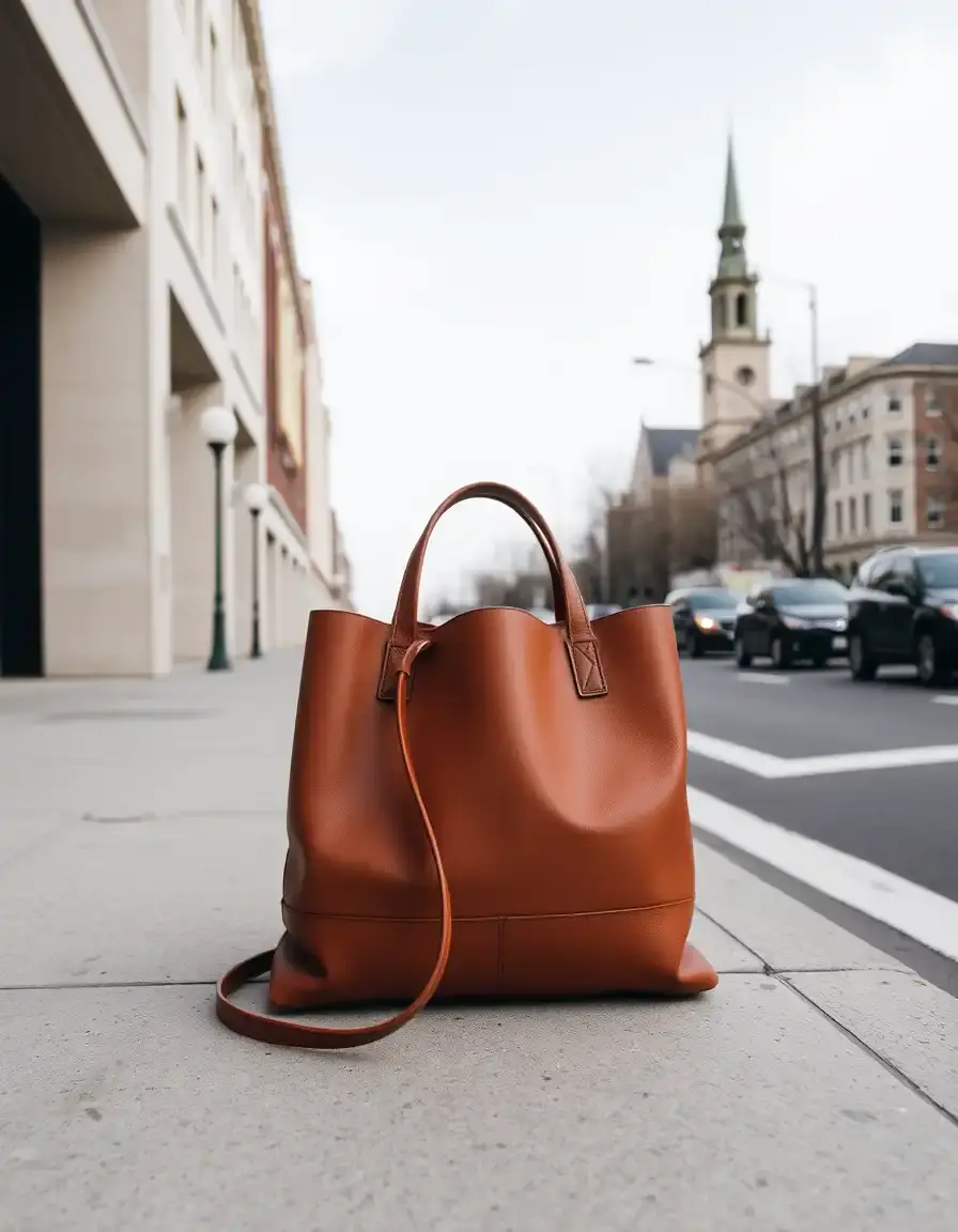 Brown leather tote bag with minimalist design