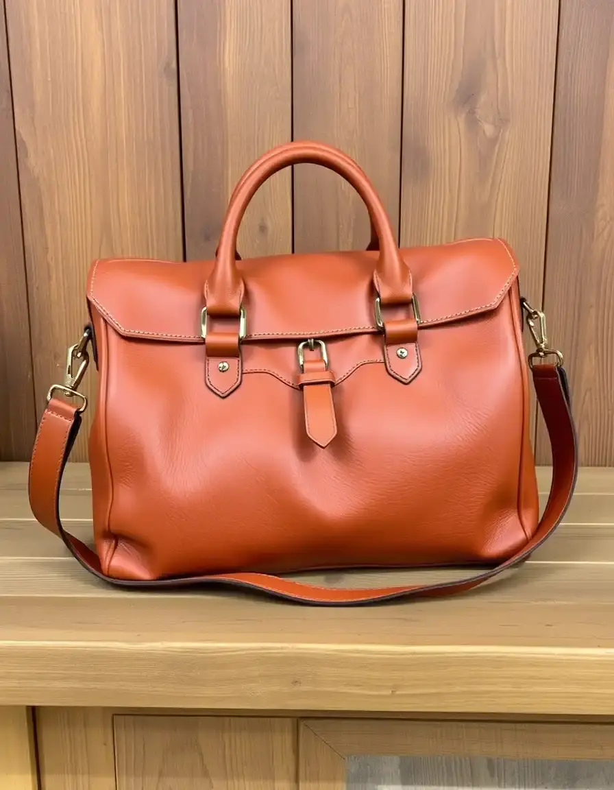 Cognac leather satchel bag with brass buckles