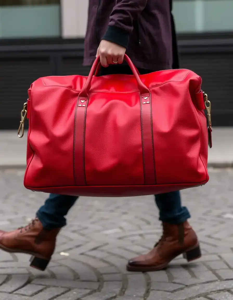 Red leather duffel bag for weekend travel