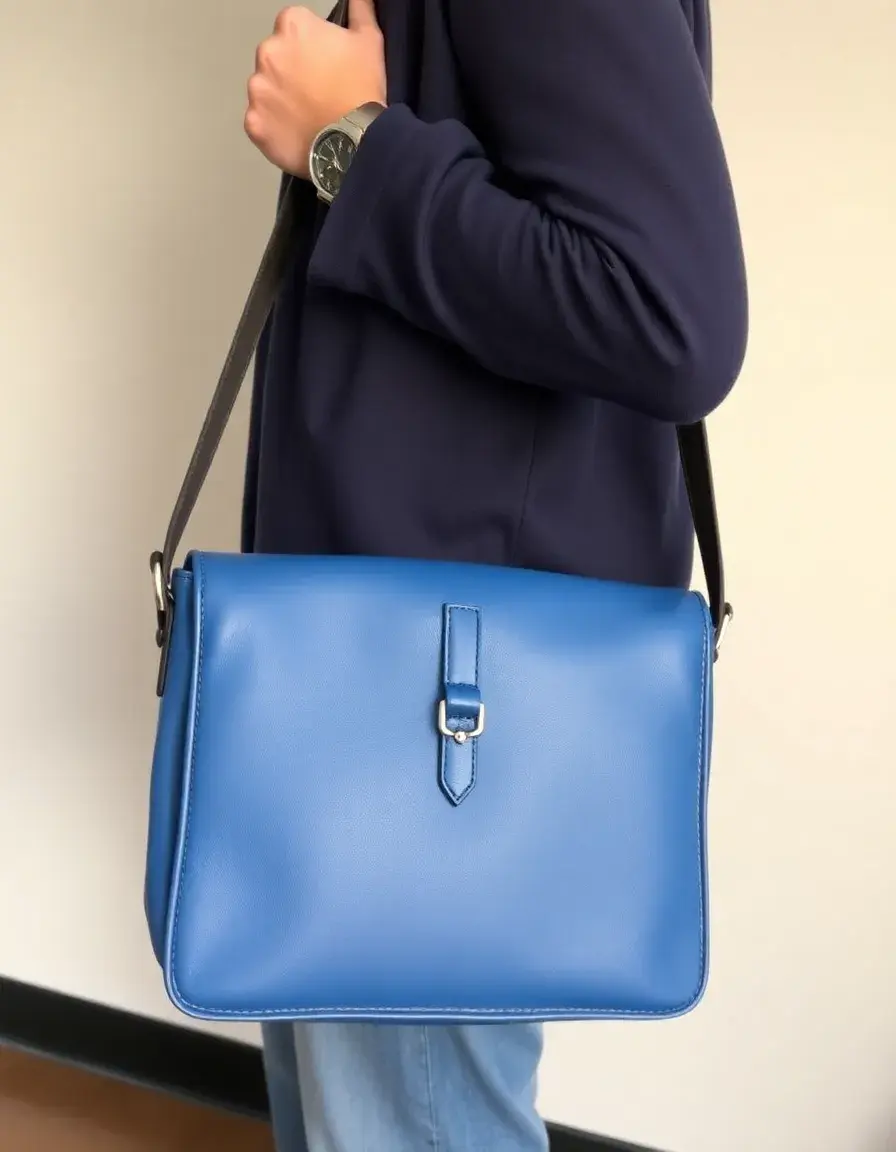 Blue leather messenger bag with adjustable strap