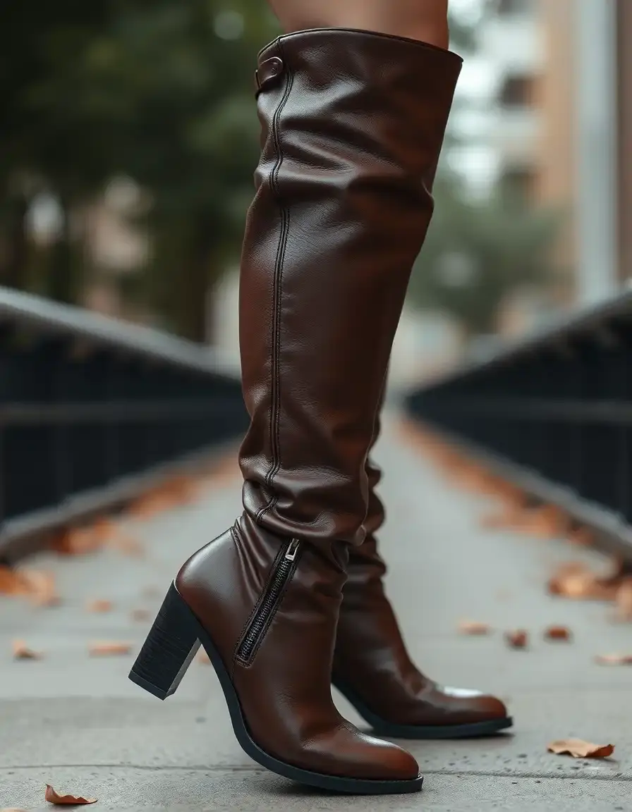 Brown zipper knee high leather boots with side zip
