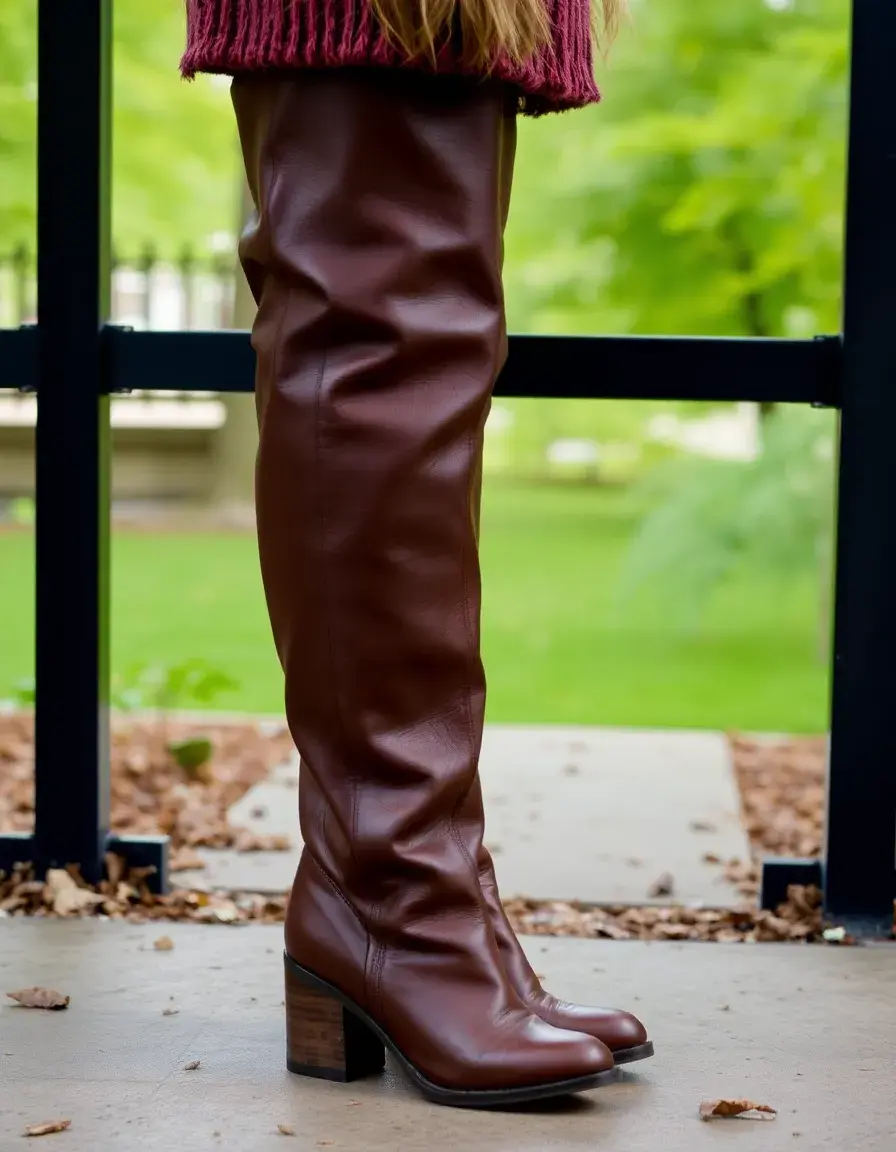 Brown wide calf knee high leather boots