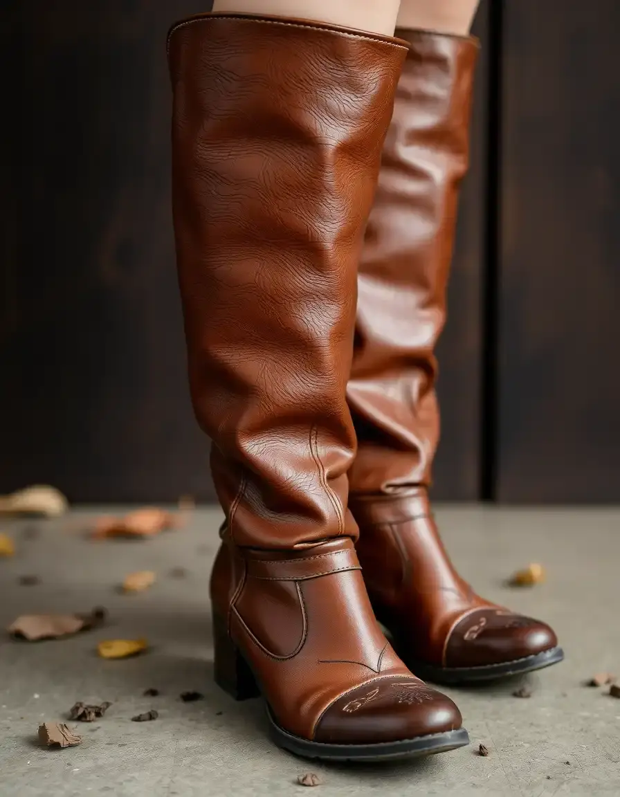 Brown vintage style knee high leather boots