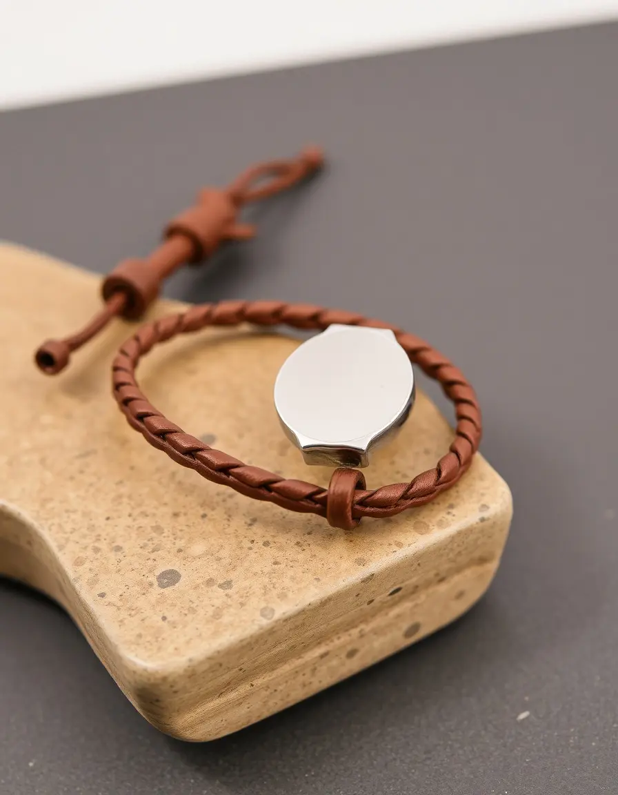 Brown braided leather bracelet for men with metal clasp
