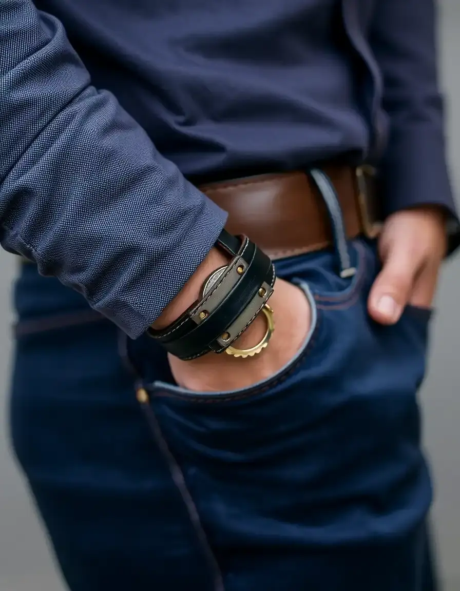 Black wide cuff leather bracelet for men