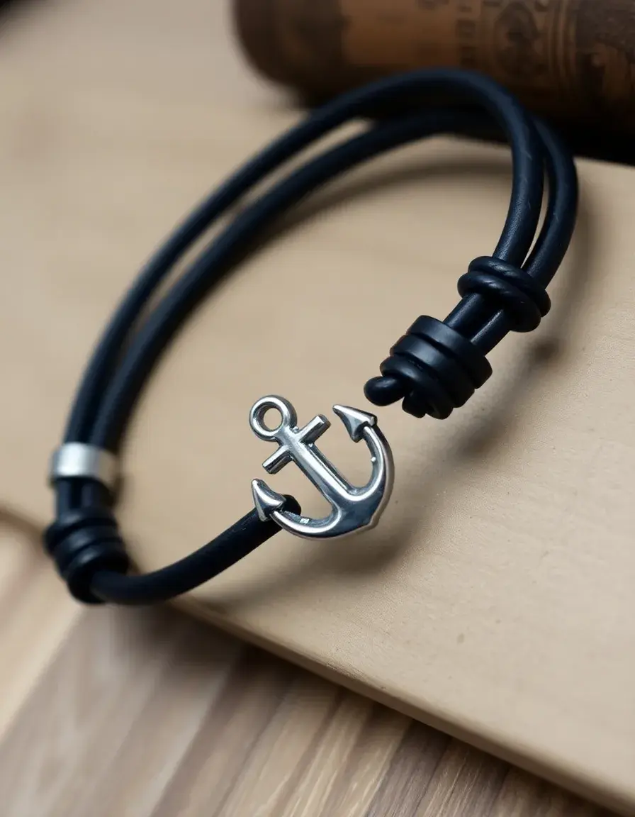 Navy leather bracelet with silver anchor charm