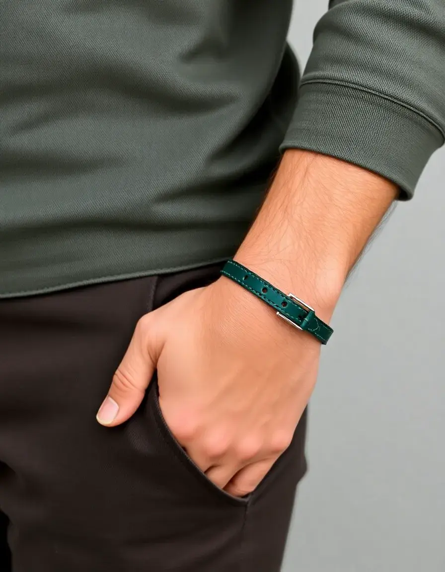 Green minimalist thin leather bracelet