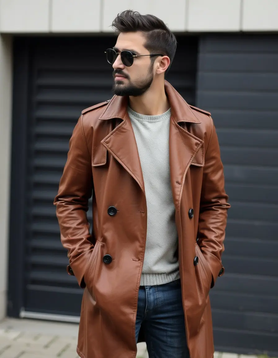 Brown trench leather coat men hanging in a stylish wardrobe