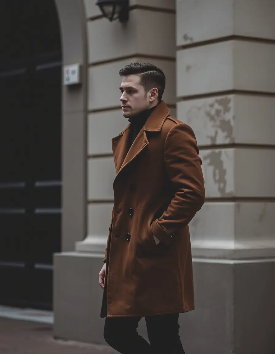 Brown pea coat leather men detail showing buttons and collar